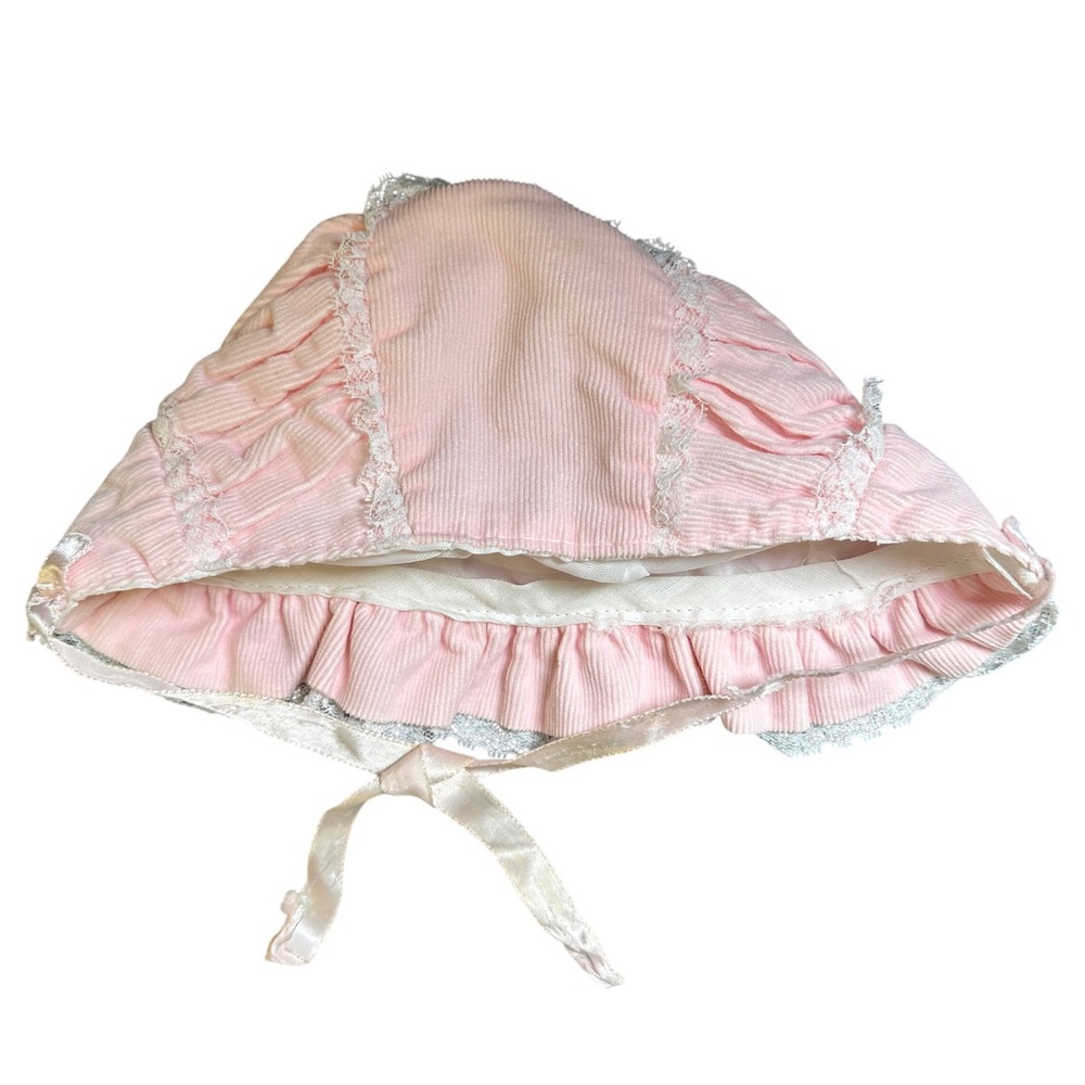 Vintage Pink Corduroy Baby Bonnet Lace Trim Floral Ribbon Bows Cottagecore